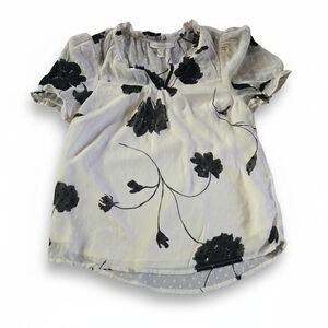 Monteau LA Dressy Blouse Top White Swiss Dot Black Flowers Womens Medium